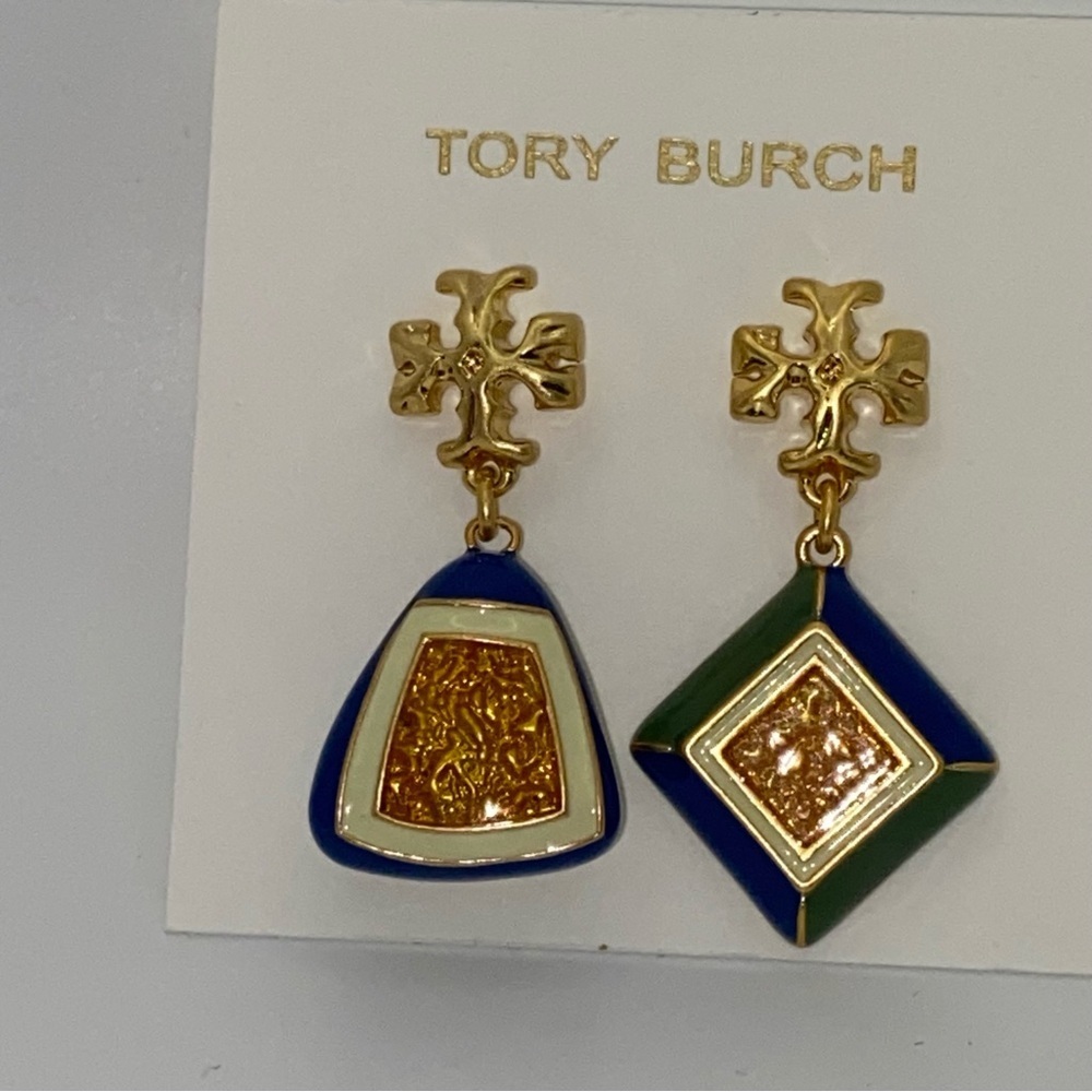NWT Tory Burch Rosanne Mismatch Drop Earrings, blue/ green and gold tone - Picture 2 of 8